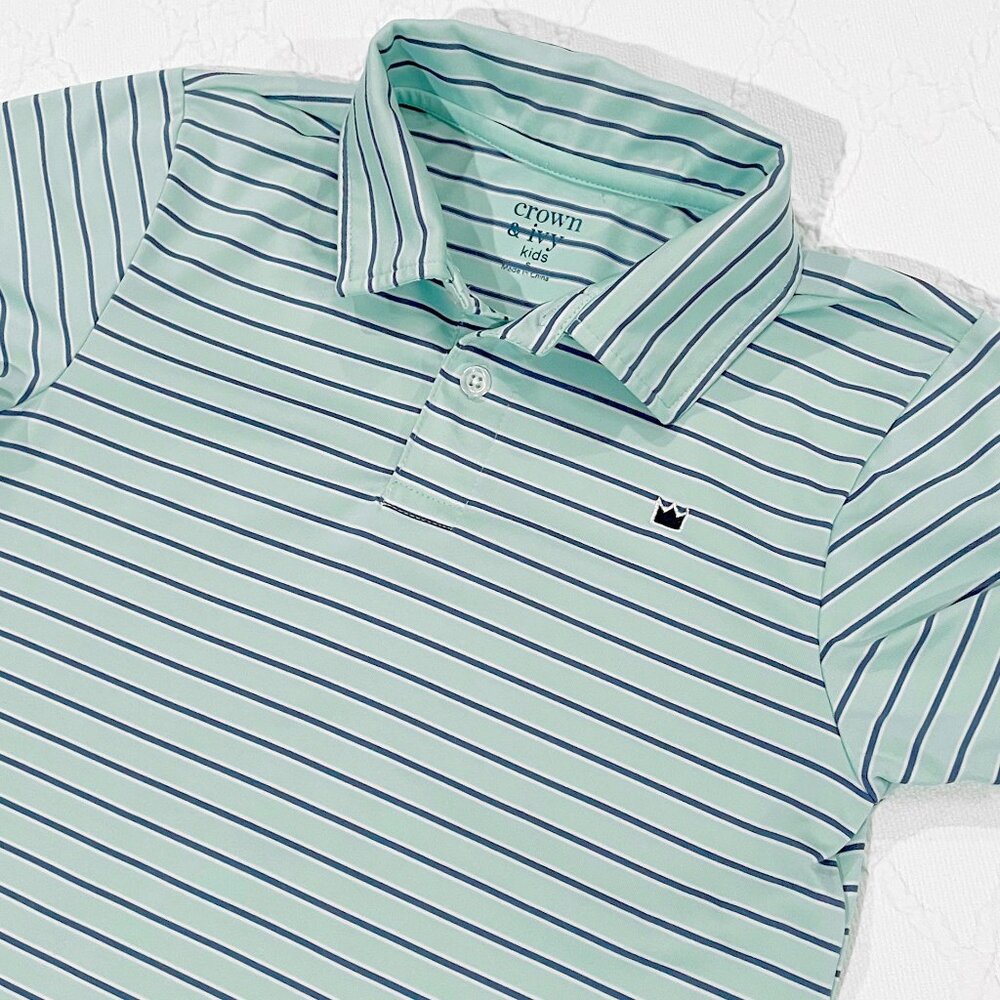 Crown & Ivy Aqua Blue White Stripe Performance Polo Shirt Boys Size Small